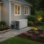 Exterior view of a modern home with a new gas generator installation beside the house for reliable backup power, part of solar system installation and repairs