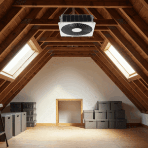 Finished attic with solar attic fan installed, sunlight streaming in, showing clean and comfortable space after solar system installation
